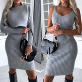 2pcs Suit Women's Solid Stripe Long - sleeved Top And Tight Suspender Skirt Fashion Autumn Winter Slim Clothing - Infinite Goods Shop