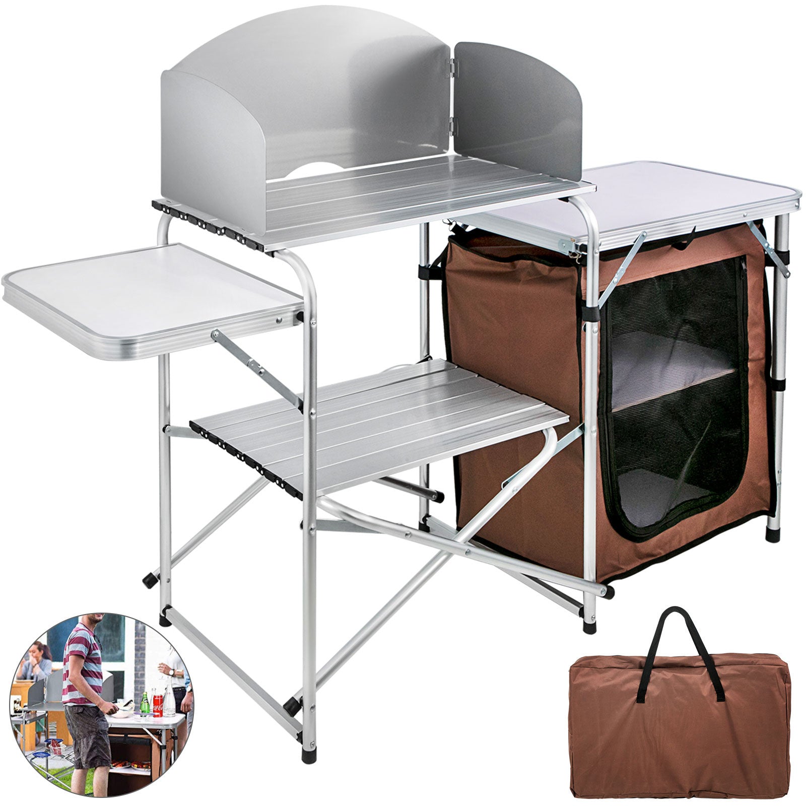 Camping Kitchen Table Picnic Cabinet Folding Cooking Storage Rack Portable Brown - Infinite Goods Shop