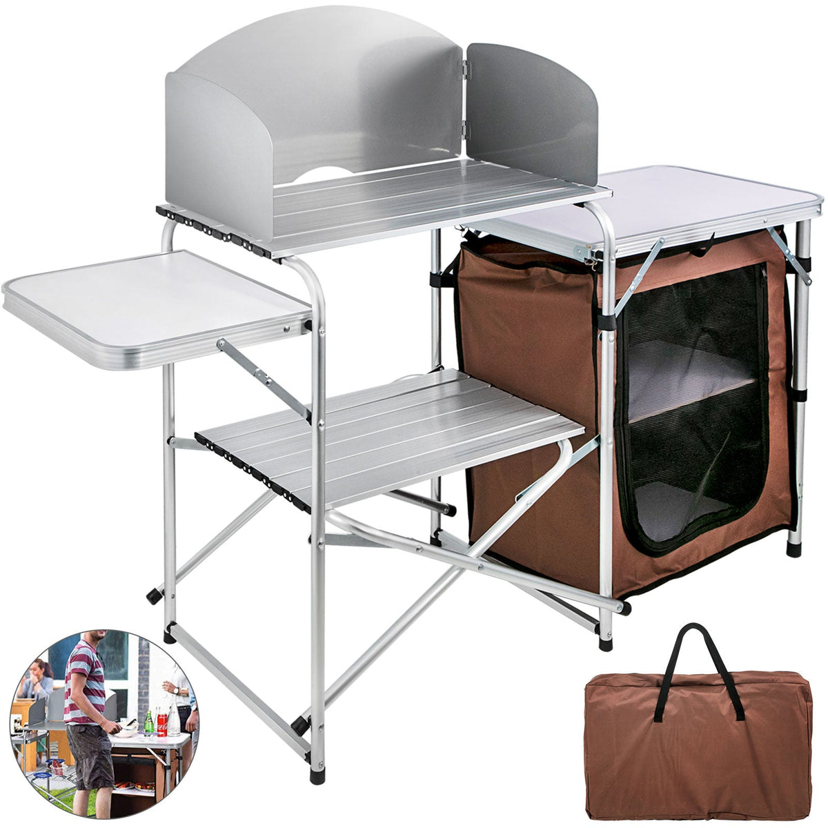 Camping Kitchen Table Picnic Cabinet Folding Cooking Storage Rack Portable Brown - Infinite Goods Shop