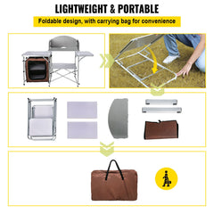 Camping Kitchen Table Picnic Cabinet Folding Cooking Storage Rack Portable Brown - Infinite Goods Shop
